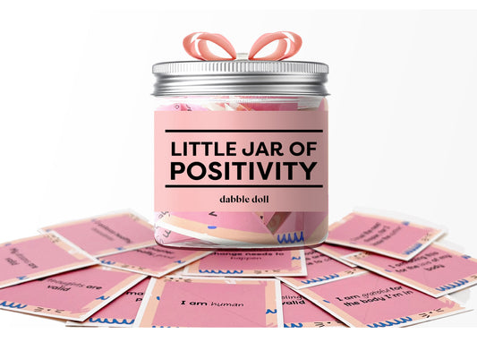 Dabble Doll little jar of positivity with pink cards for a positivity jar gift