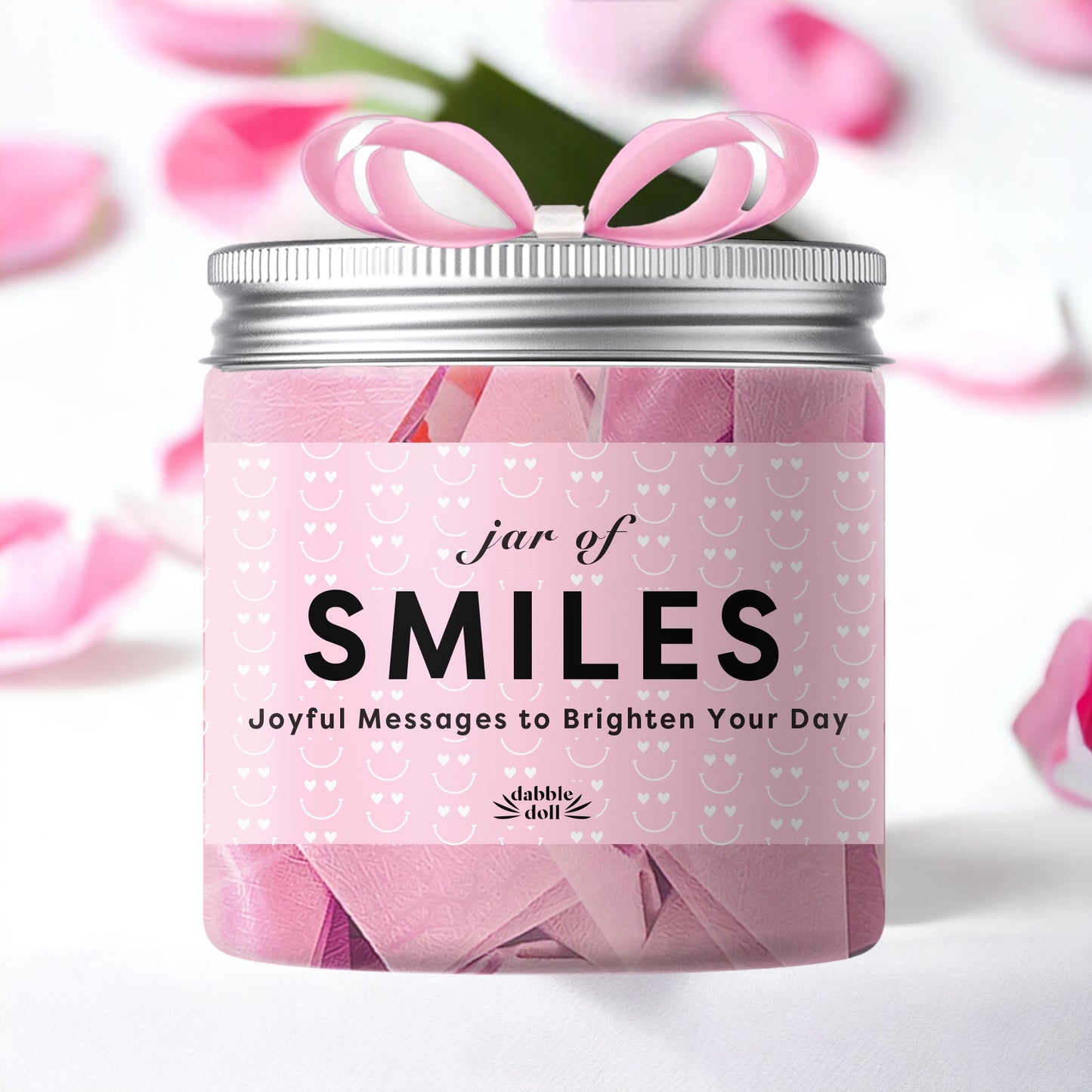 Dabble Doll jar of smiles self-care gift box for women with joyful messages and pink ribbon bow