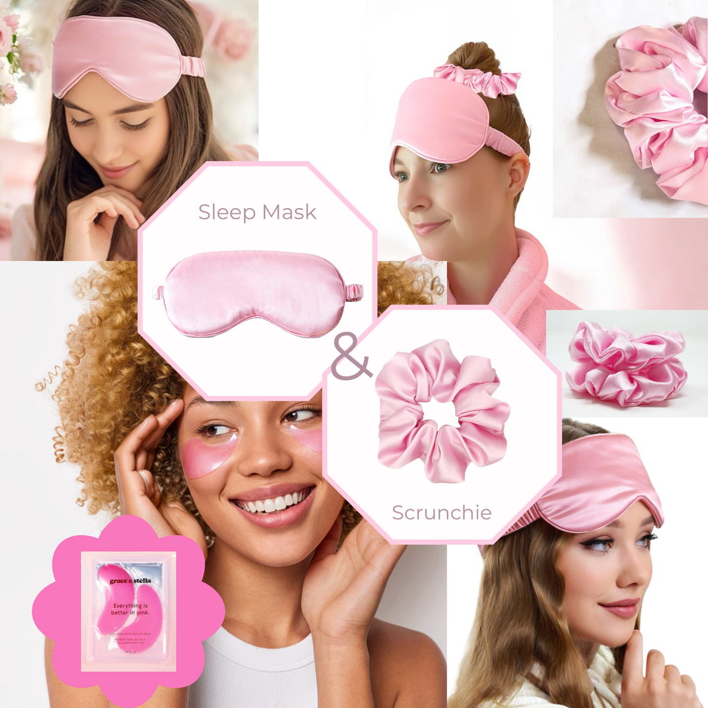 Self-care gift box for women by Dabble Doll including pink sleep mask, scrunchie, and eye patches