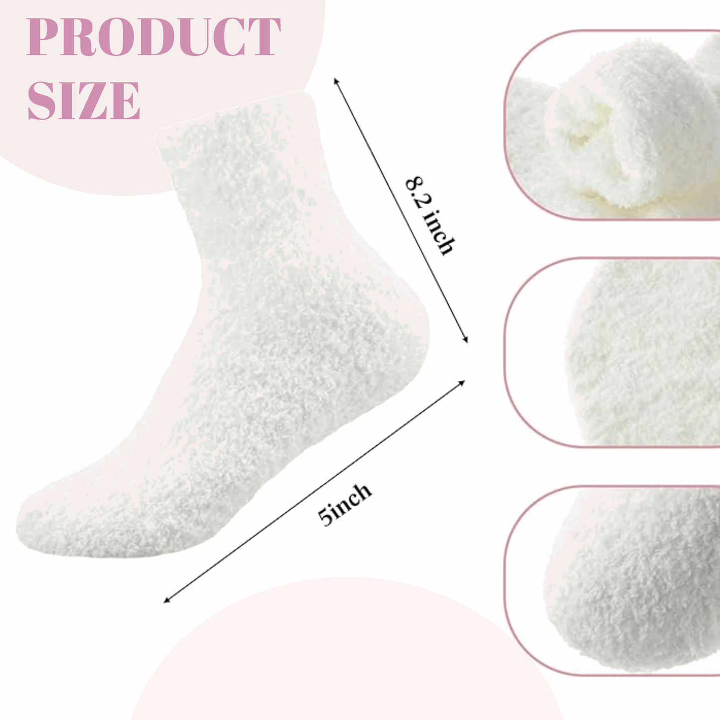 Soft white fuzzy socks measuring 8.2 by 5 inches, part of self care gift set with mug