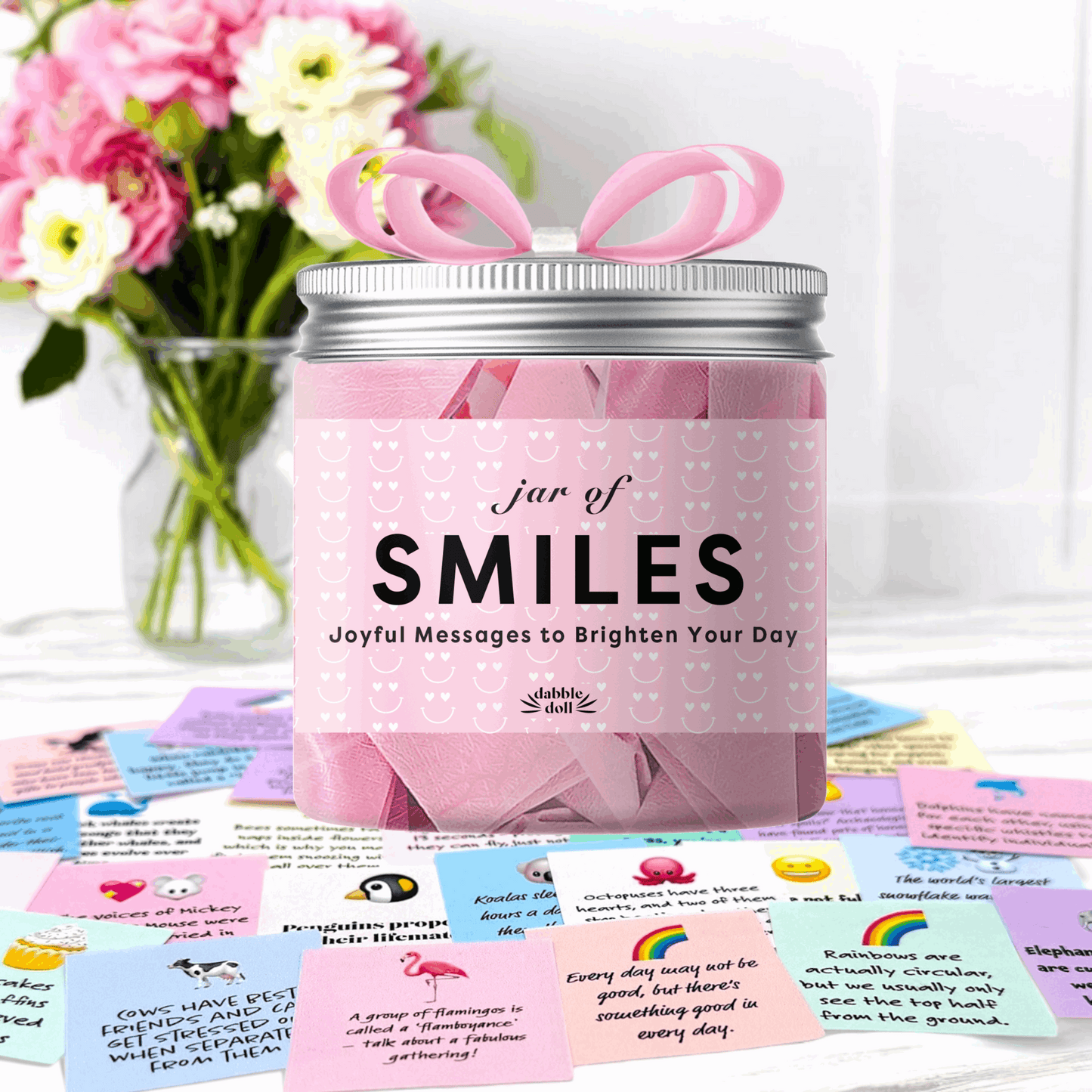 Dabble Doll smiles jar gift box with pink ribbon and joyful message cards for brightening your day