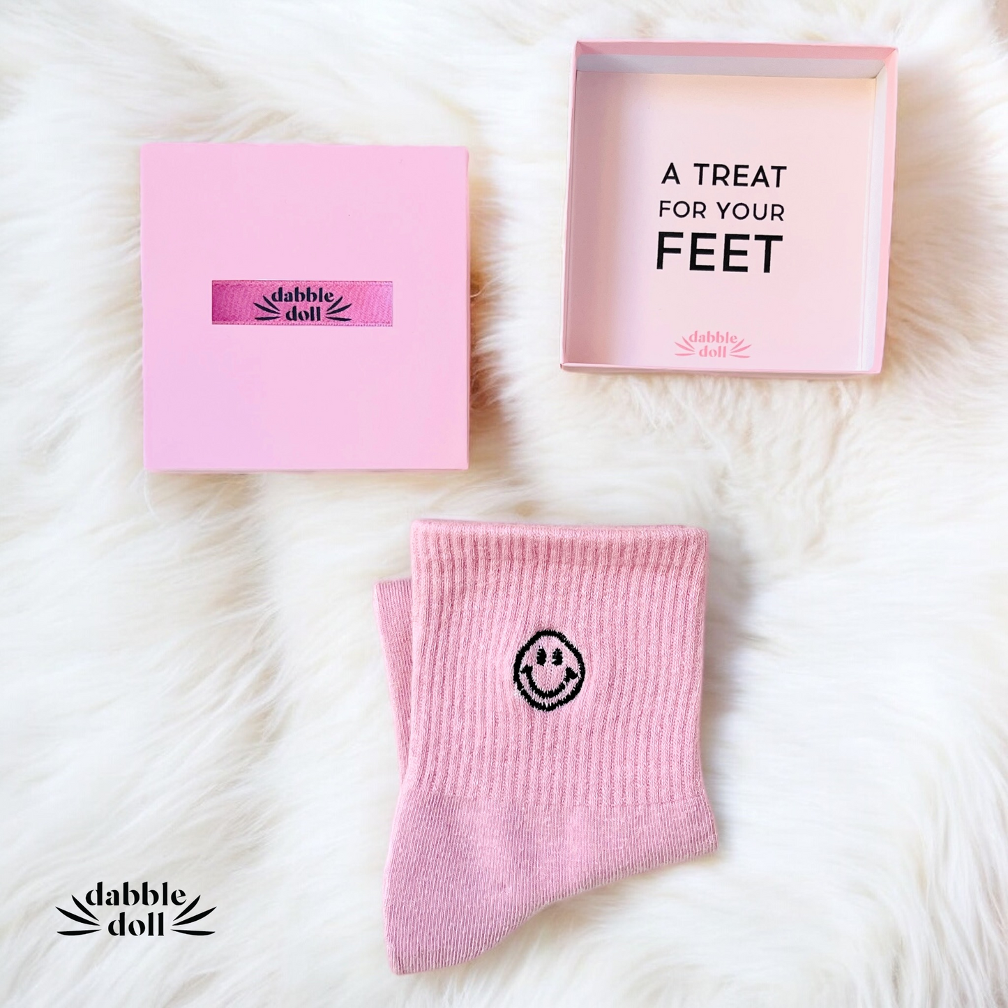 Pink Dabble Doll Socks with Smiley Face Design in Gift Box for a Fun Footwear Experience
