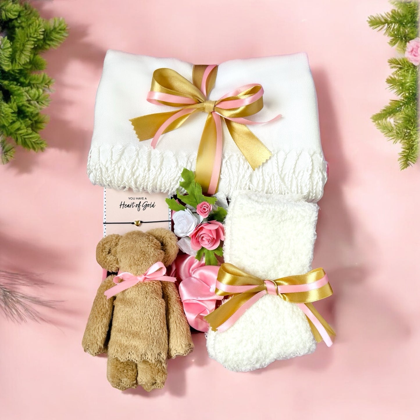 Thinking of you gift box for her with cozy blankets, teddy bear, and decorative roses
