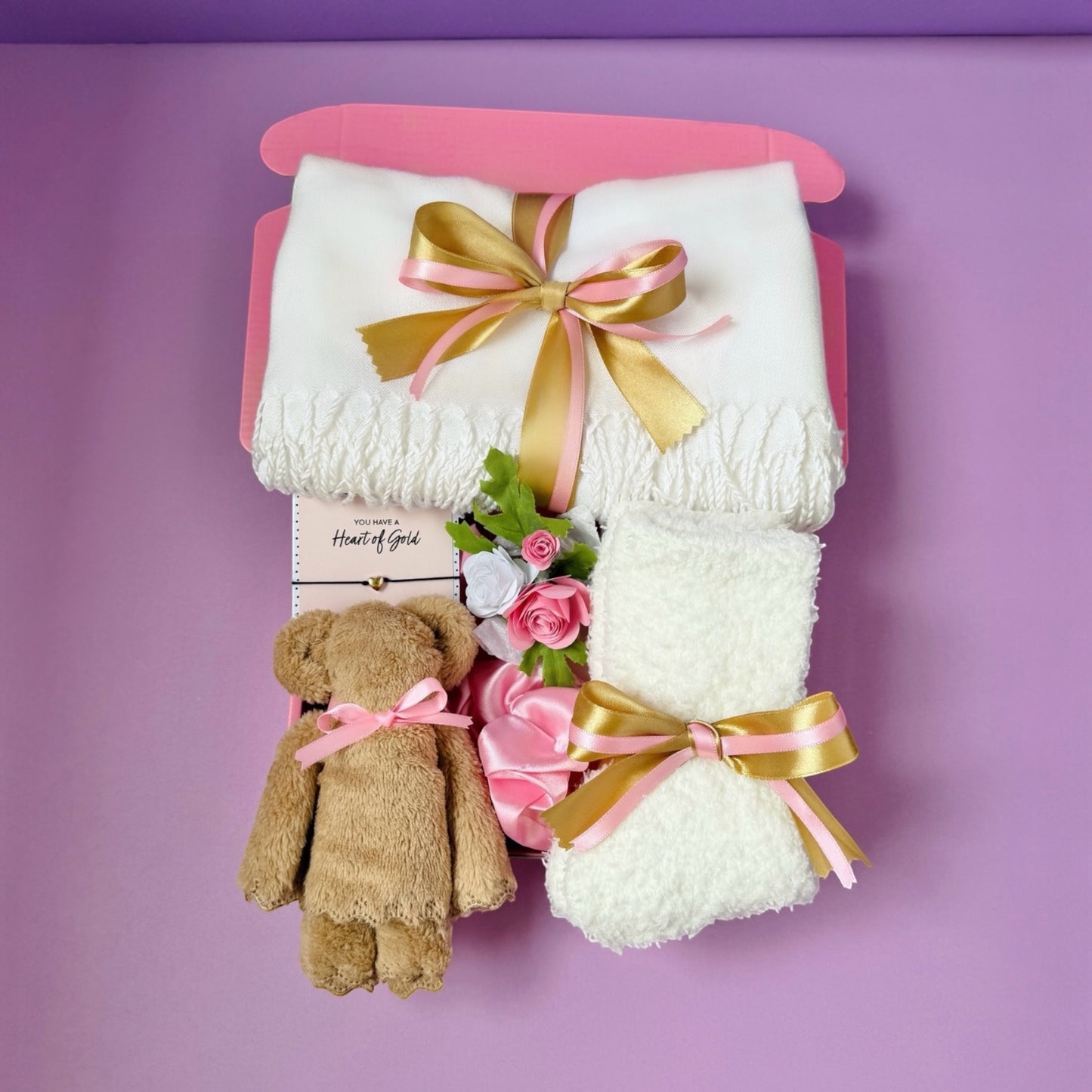 Dabble Doll thinking of you gift box for her with plush teddy bear, soft white blankets, and pink roses