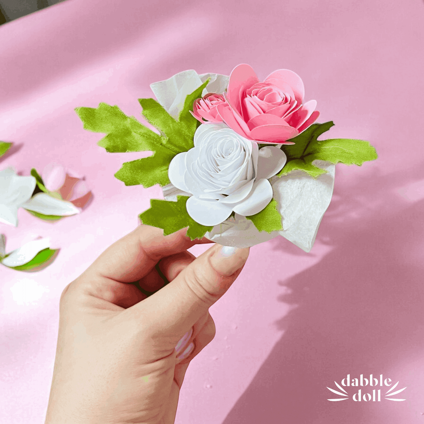 Unique Dabble Doll Gift Box with Handmade Flowers for 'thinking of you' occasions