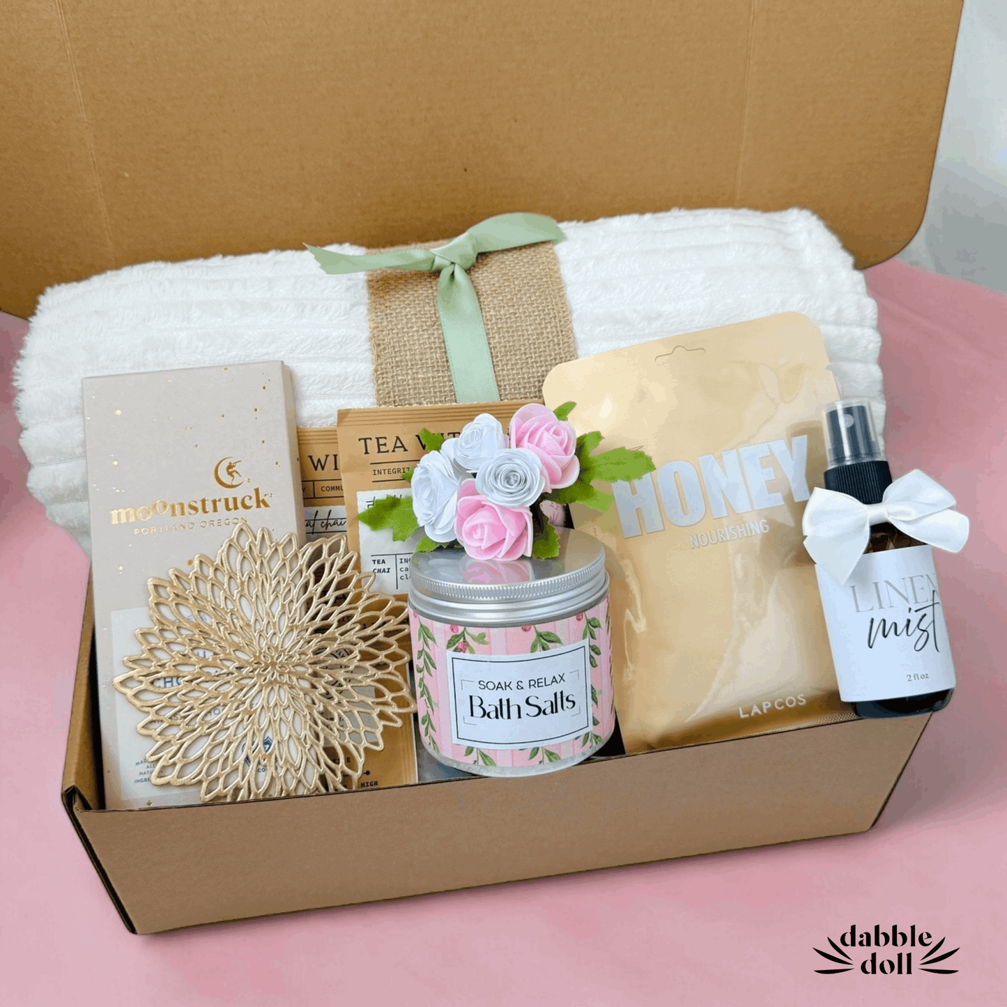 Dabble Doll gift box with bath salts honey linen mist and towel thoughtful pampering gift for her