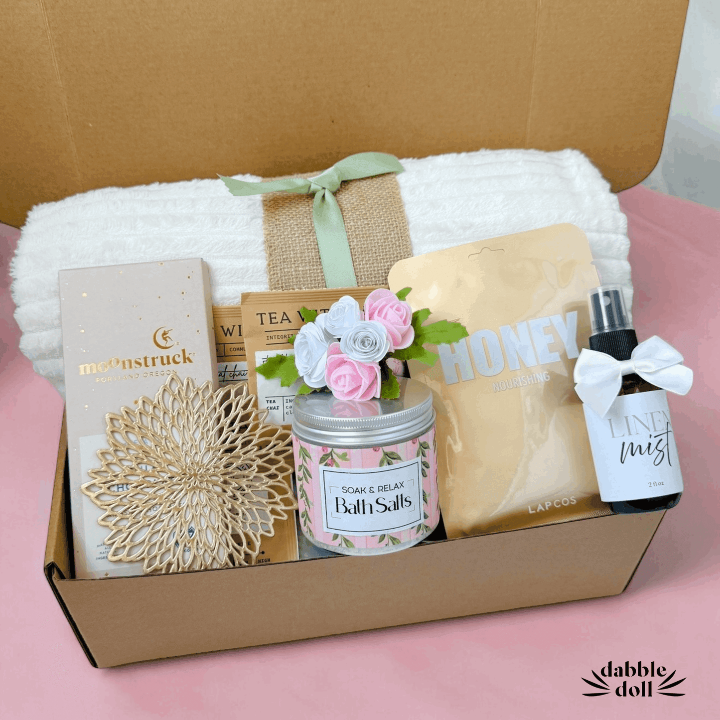 Dabble Doll gift box with bath salts honey linen mist and towel thoughtful pampering gift for her
