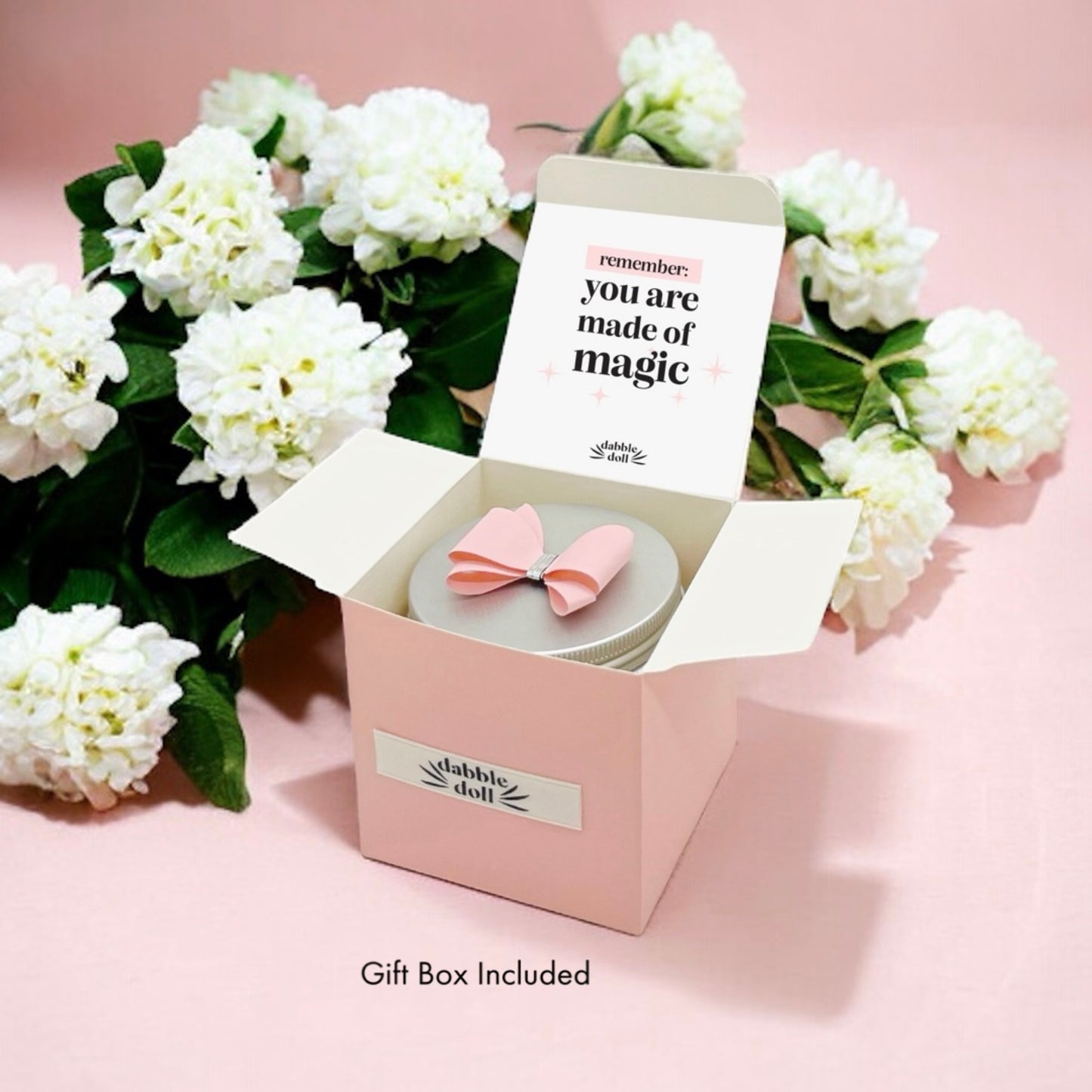 Dabble Doll what I love about mom jar in a pink gift box with a flower decoration and inspirational message