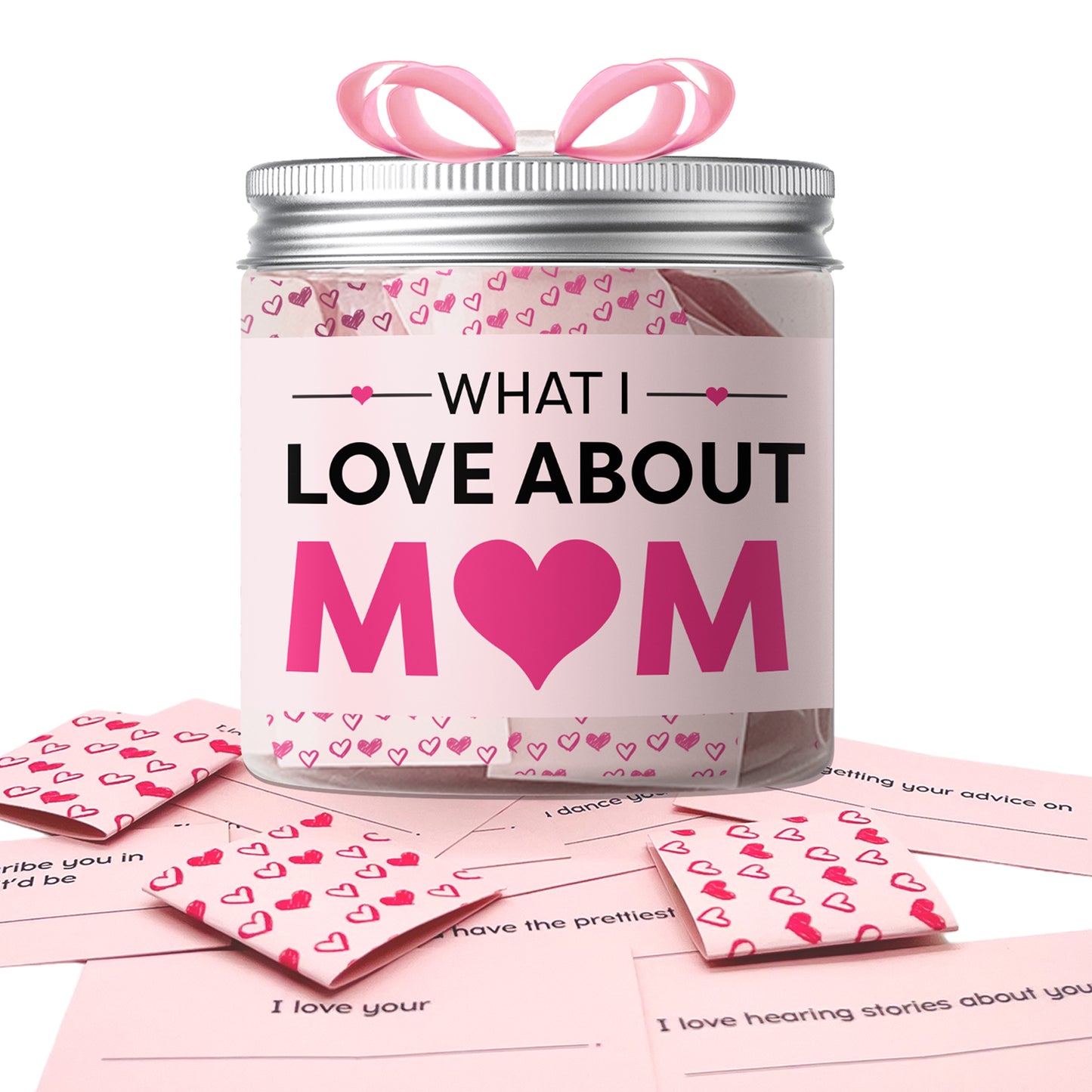 Dabble Doll what I love about mom jar with pink heart design and heartfelt notes inside