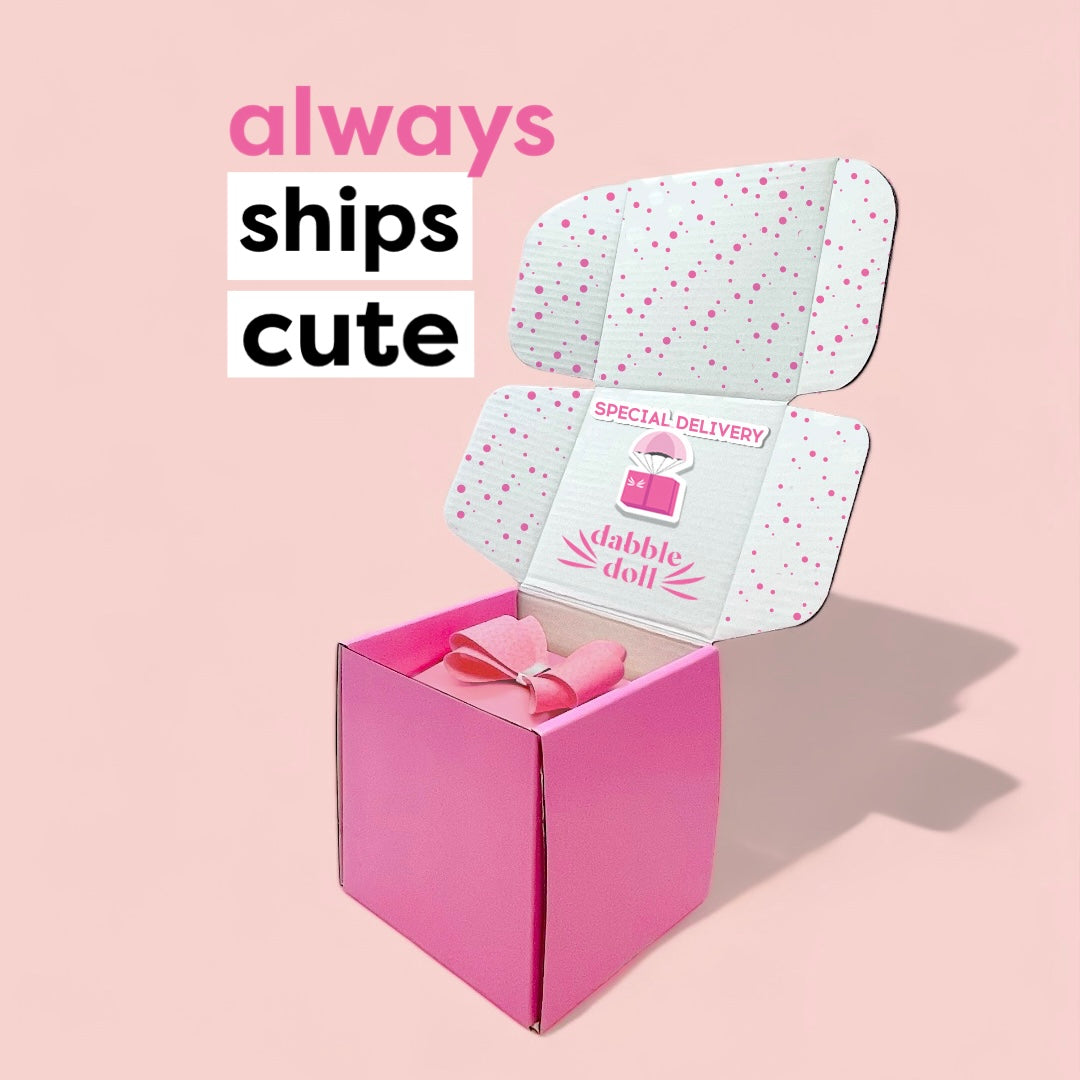 Pink Dabble Doll packaging box for what I love about mom jar with special delivery design