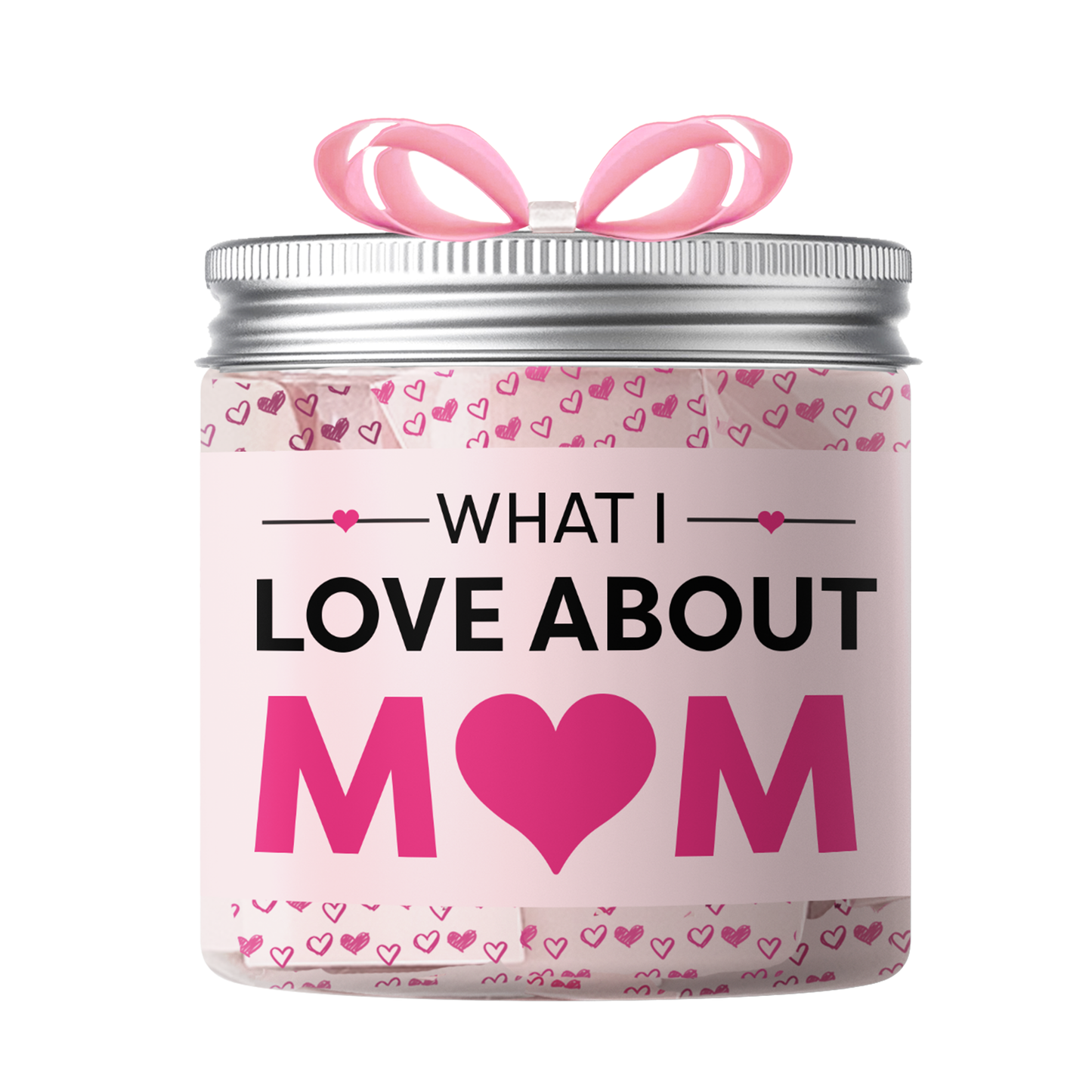 Dabble Doll what I love about mom jar with pink heart design and ribbon gift jar for moms