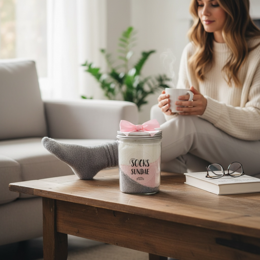 Woman relaxing with cozy socks and a coffee near a jar labeled Socks Sundae