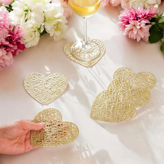Dabble Doll Gold Heart Shaped Coaster Set for Women with Intricate Design and Floral Background