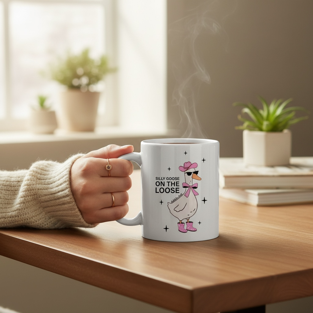 Funny coffee mug with a cartoon goose and text saying Silly Goose On The Loose