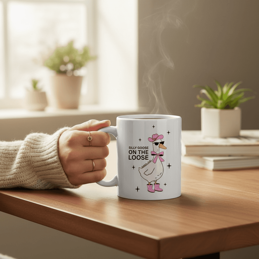 Funny coffee mug with a cartoon goose and text saying Silly Goose On The Loose