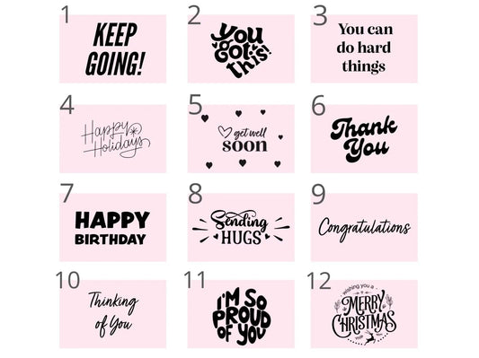 Pink gift box featuring uplifting greeting cards for girls and women, including birthday and holiday themes