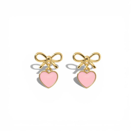 Gold Dabble Doll heart earrings with pink enamel hearts and delicate bow details