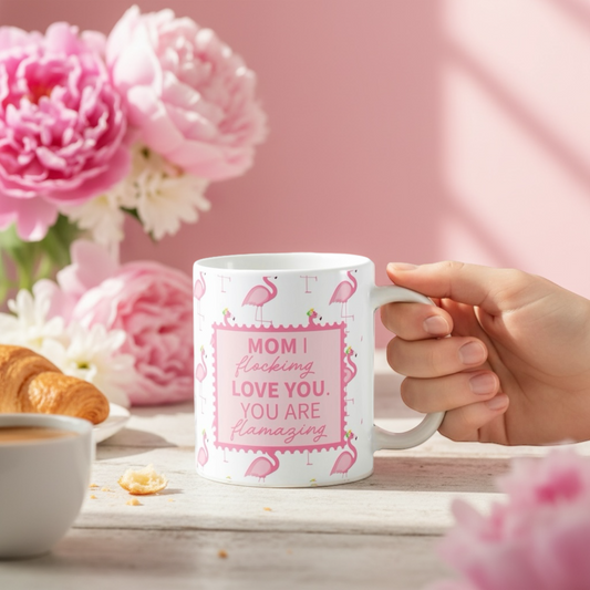 Gift box featuring a mom mug with pink flamingo design and heartfelt message for Mother's Day
