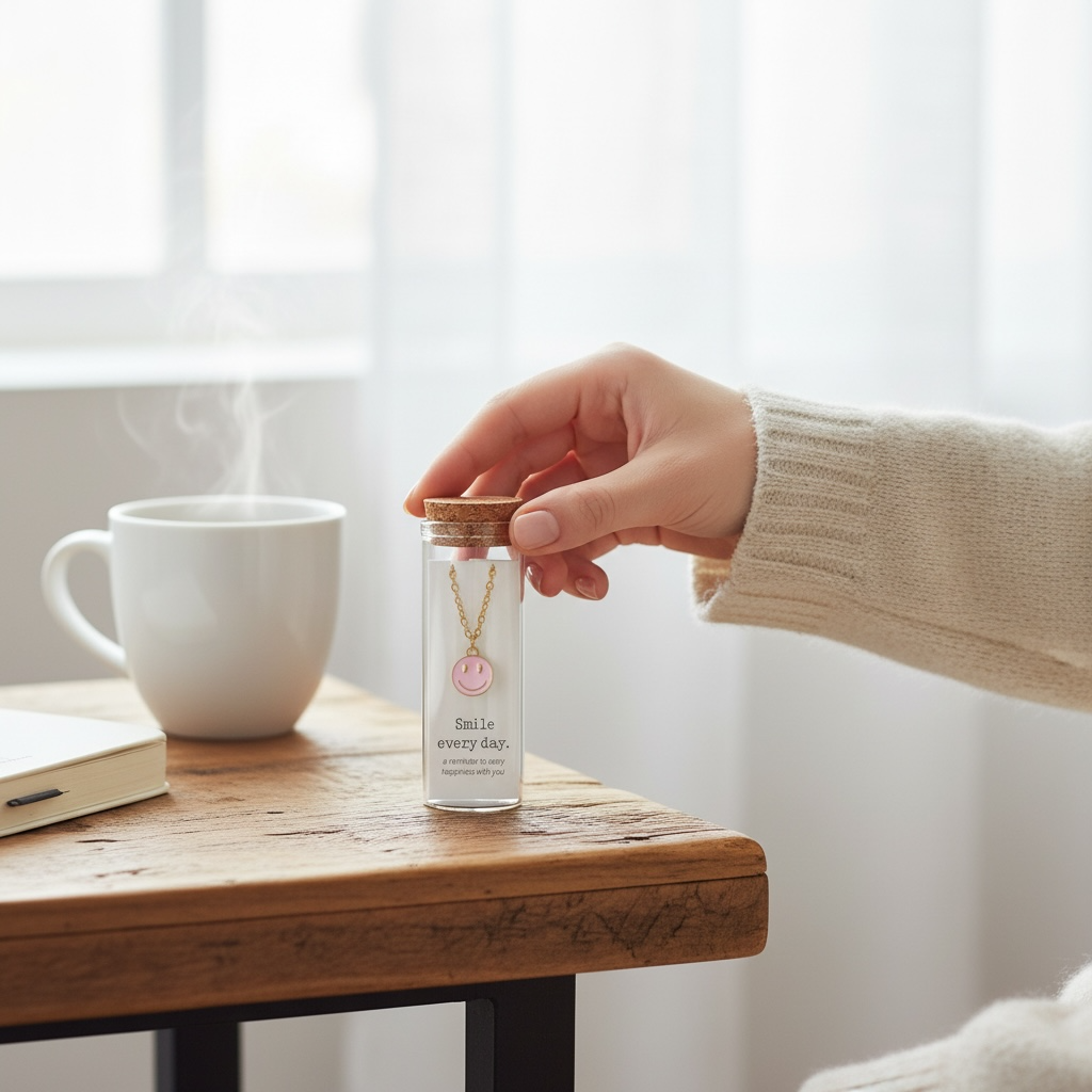 Dabble Doll necklace smiley face displayed in a glass jar on a wooden table beside a coffee cup
