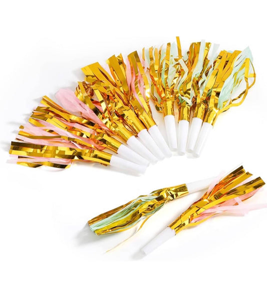 Set of colorful party horns with gold, pink, and blue streamers for festive celebrations