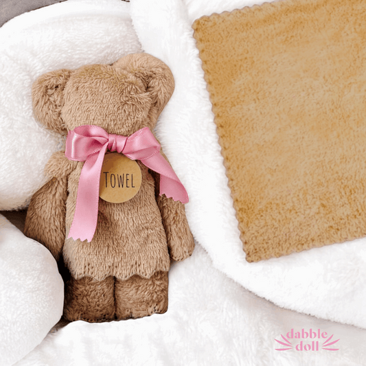 Romantic gift box for wife featuring a soft teddy bear towel wrapped with a pink ribbon by Dabble Doll