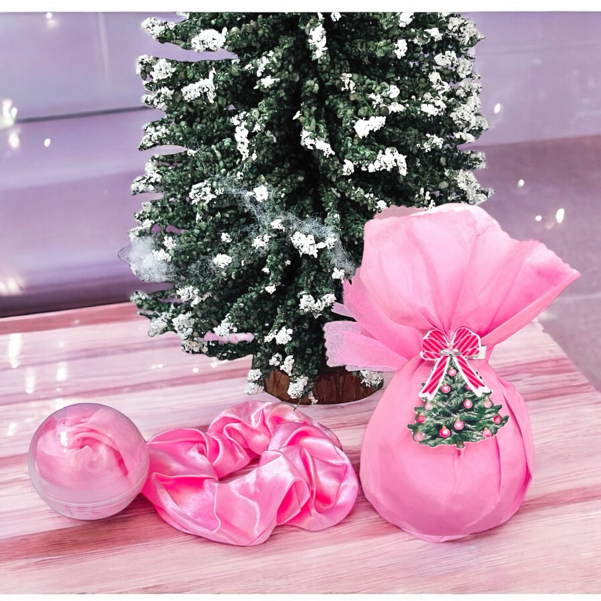 Pink satin scrunchie by Dabble Doll, perfect accessory for girls and women during the holiday season