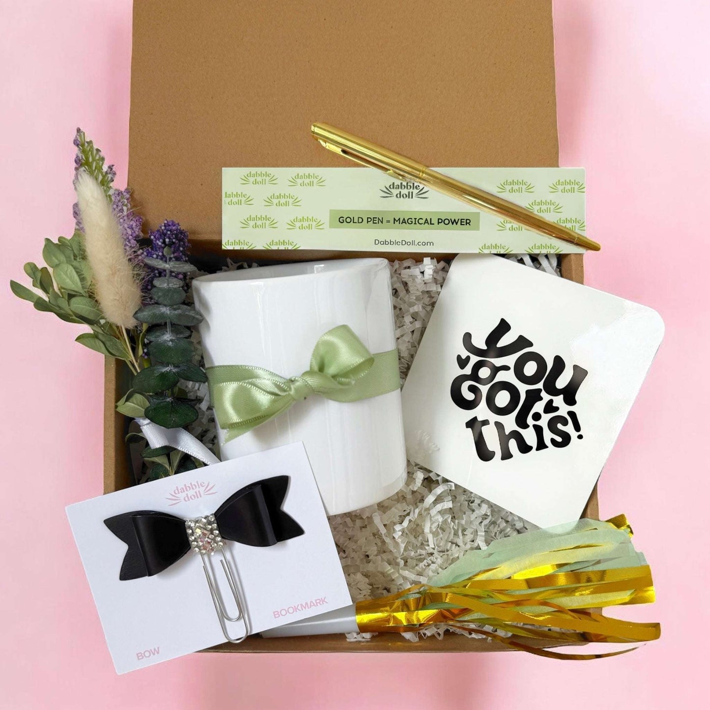 Dabble Doll teacher gift box with motivational coaster mug gold pen and black bow bookmark