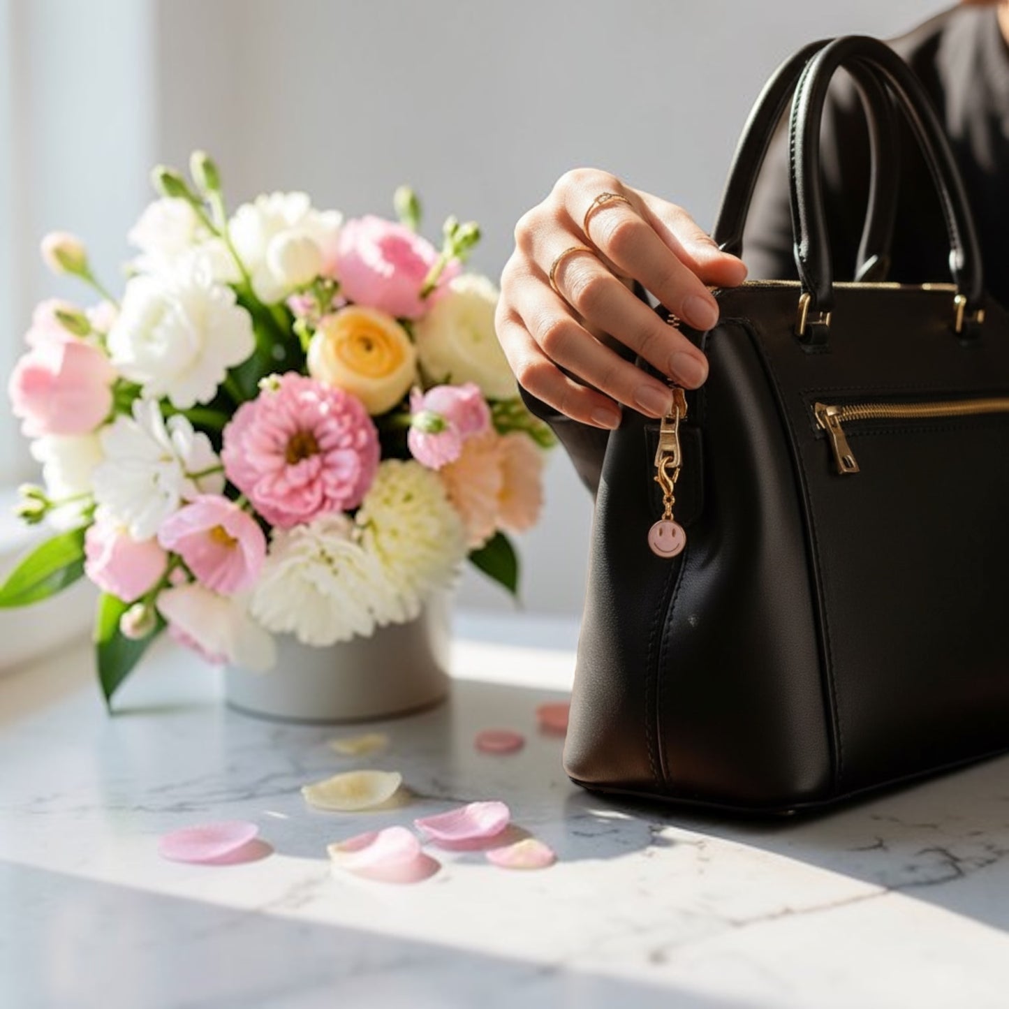 Dabble Doll zipper charm attached to a stylish black bag, adding a playful detail to the handbag