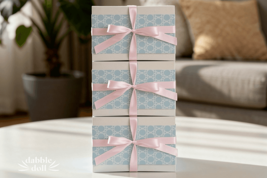 Gift boxes in pastel blue with pink ribbons, perfect for girls and women celebrating special occasions.