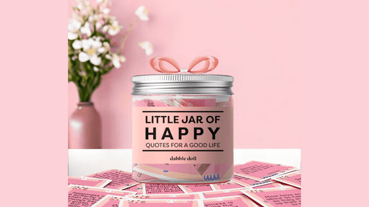 Happy gift of a pink positivity jar filled with uplifting quotes for girls and women