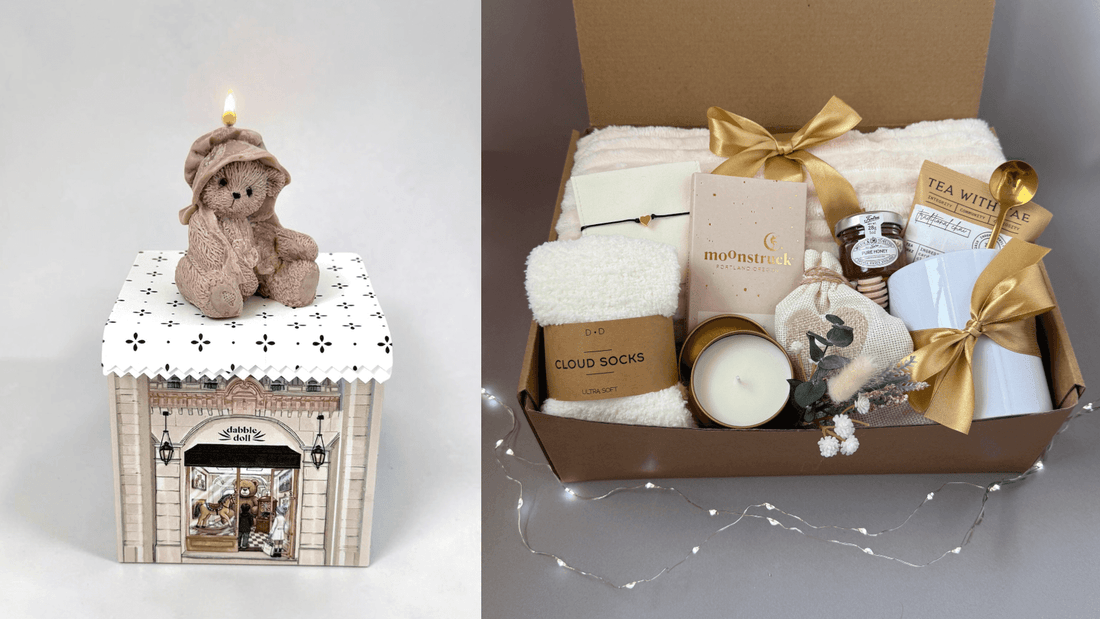 Hug in a box gift featuring a cozy candle, soft socks, and a plush teddy bear for women and girls