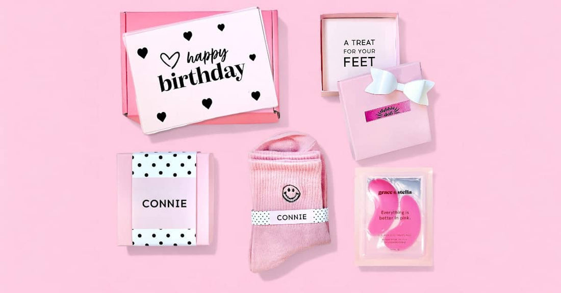 Pink birthday gift set for girls featuring cozy socks, foot masks, and cute packaging