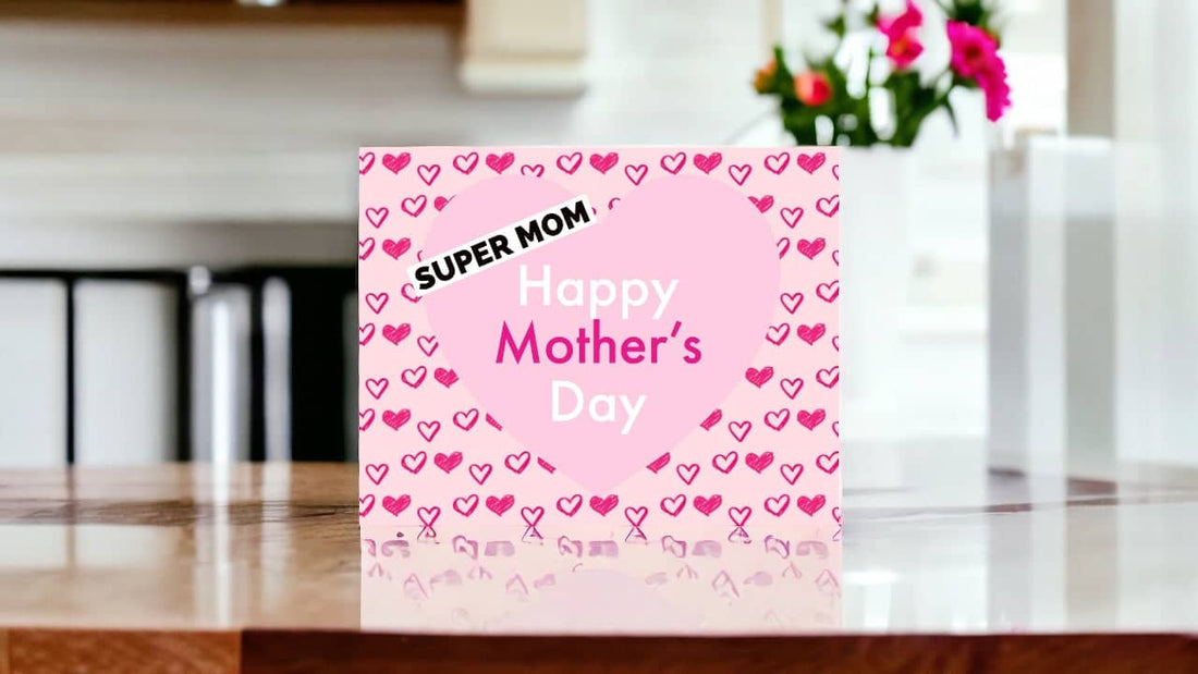 Printable mothers day card in pink with heart designs, perfect for girls and women to personalize for Mom