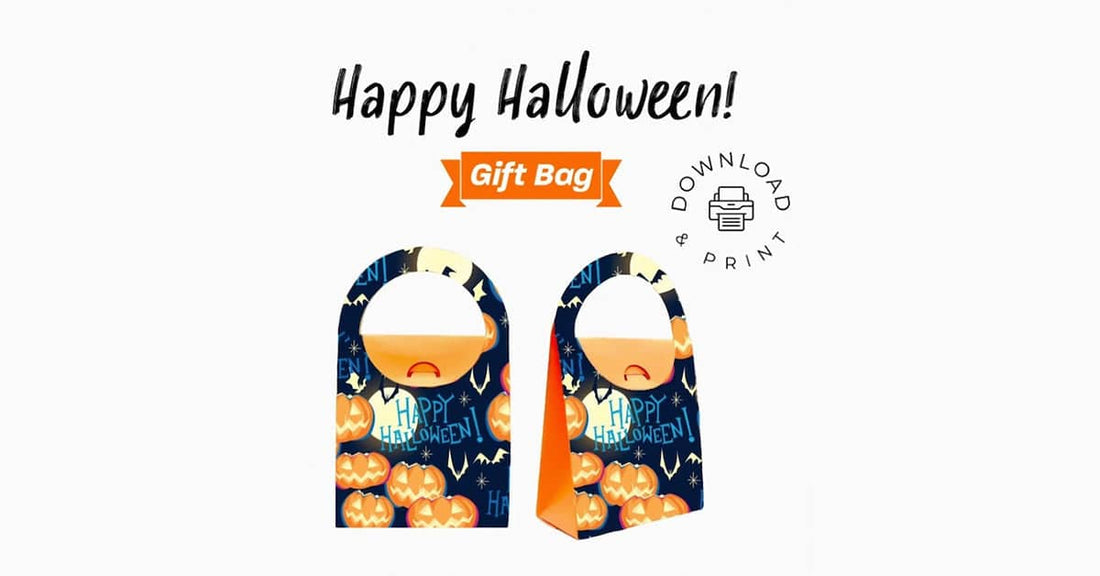 Printable Halloween gift bag featuring vibrant colors and spooky designs for girls and women