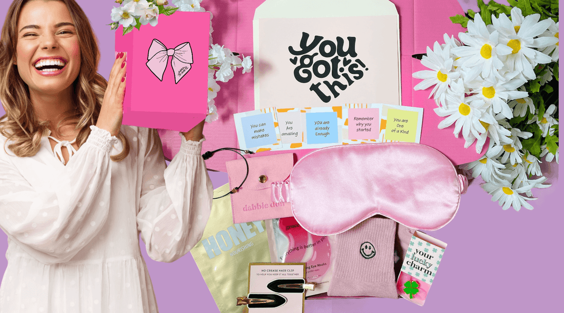 Pink care package for girls featuring pampering goodies like sheet masks and motivational gifts