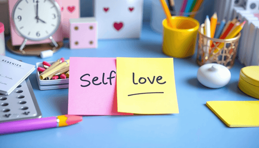 Colorful stationery and notes promoting self-love for girls and women in a creative workspace