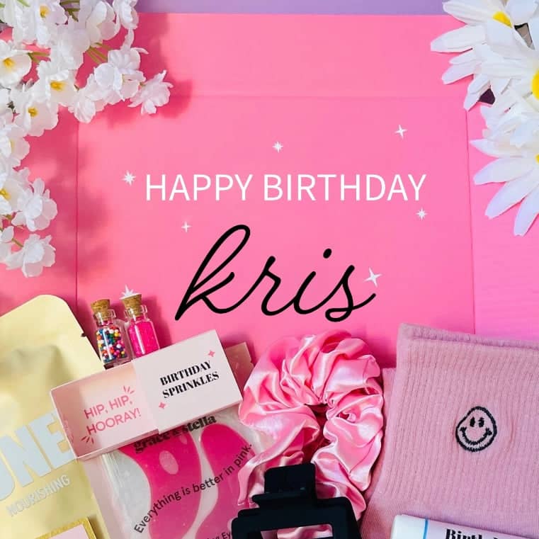 Custom pink gift box for girls featuring accessories, scrunchies, and birthday themed items, perfect for celebrations