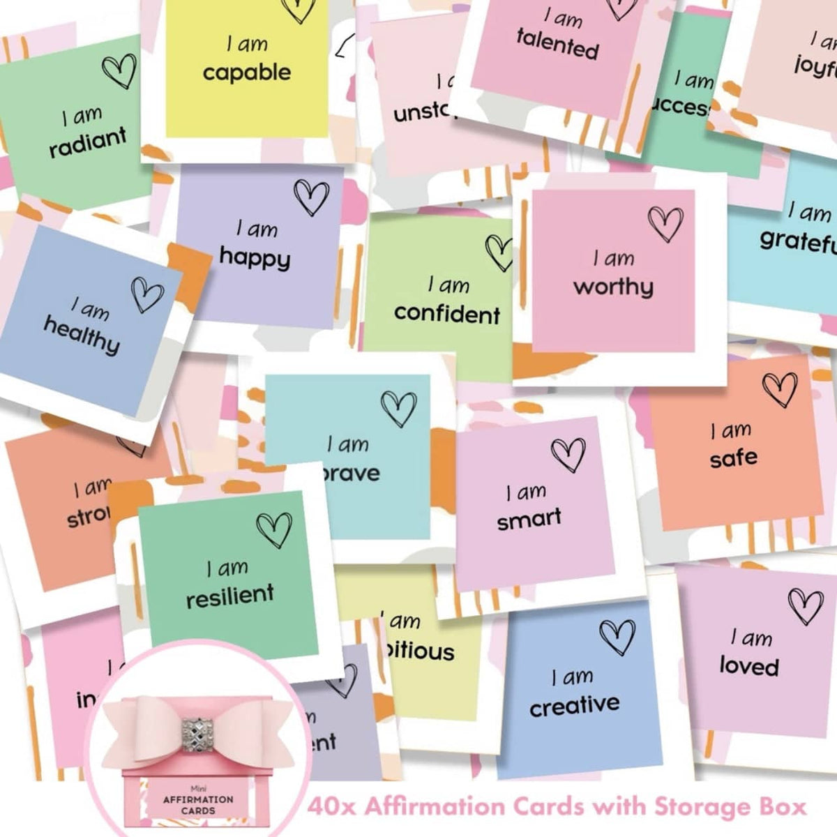 Cute pink and pastel affirmation cards in a storage box, perfect stationery for girls and women.