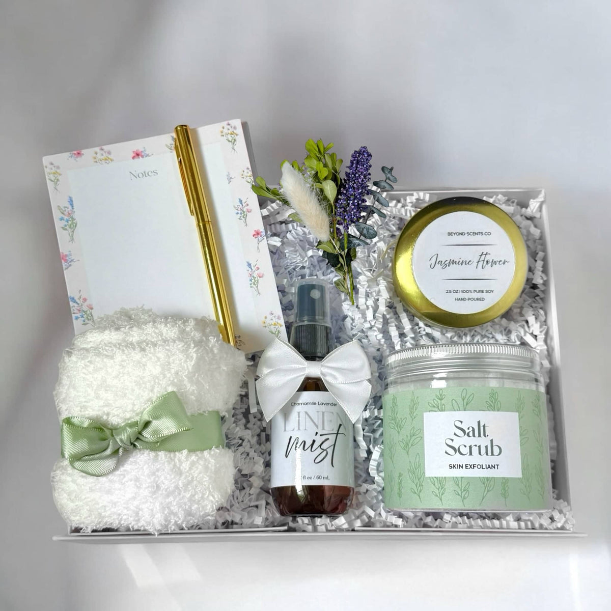 Ready to ship gift boxes with spa towel, linen mist, salt scrub, jasmine flower candle, and floral notepad