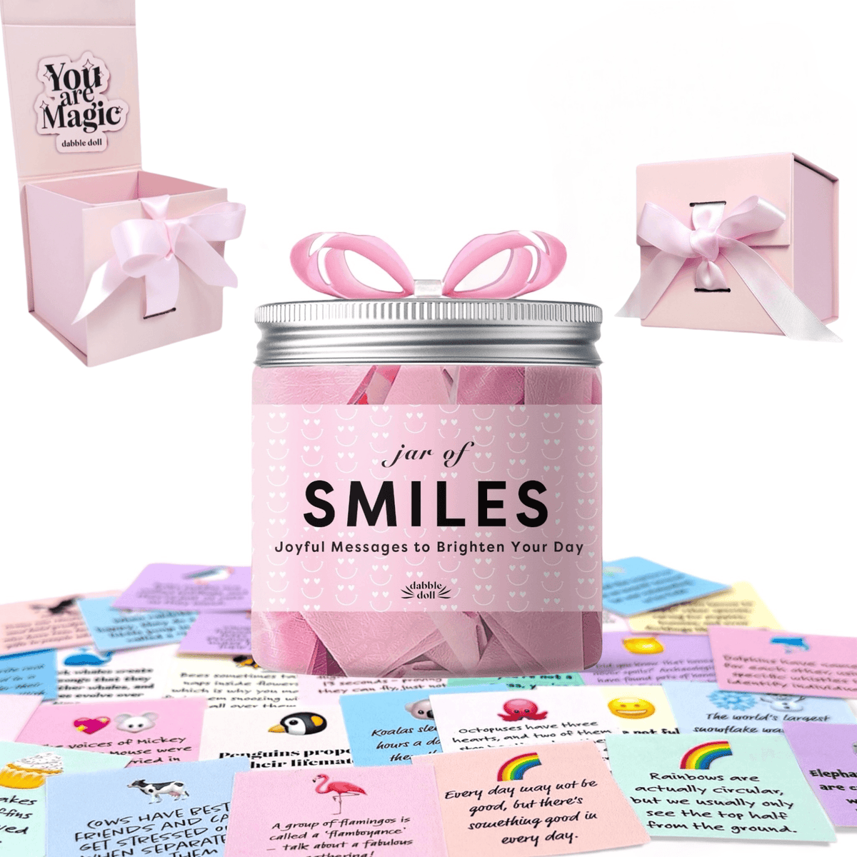 Jar of smiles filled with joyful uplifting notes with gift box, gift for girls, teens, women 