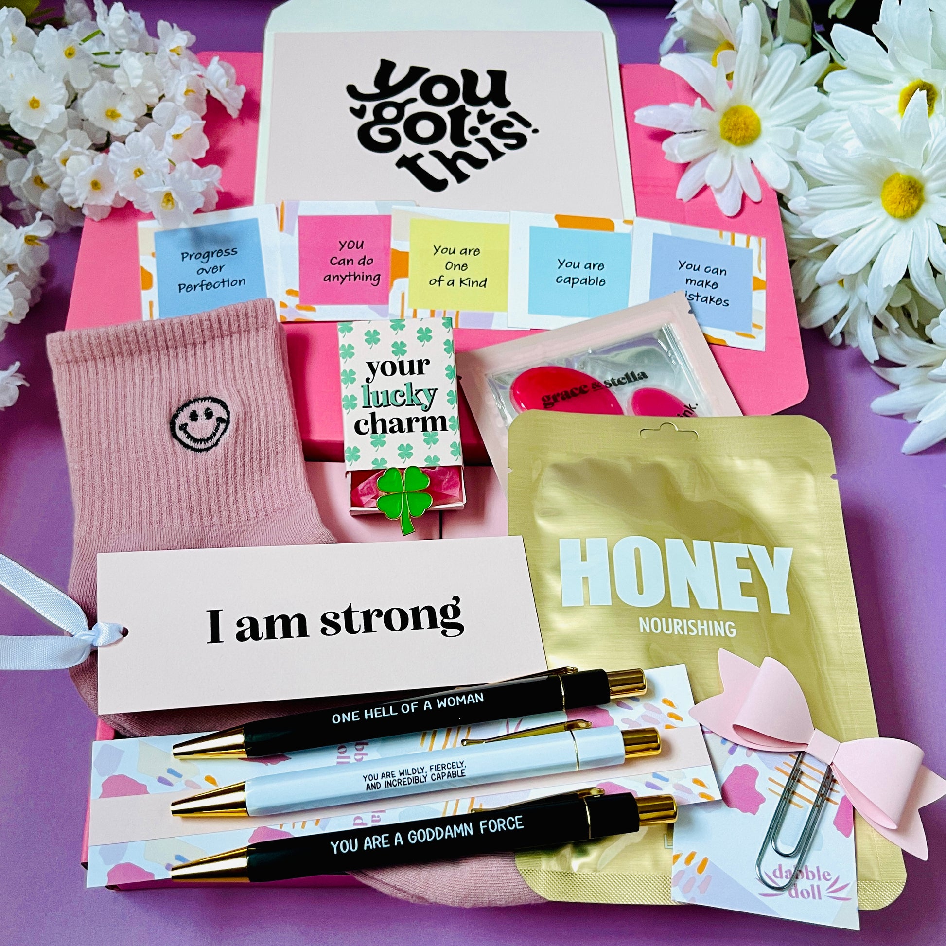 Encouragement Back To School Motivational Pink Gift Box Care Package for Her, Pens and Bookmarks, Bow Paperclip Bookmark, Bow Bookmark, Bow Book Mark, Paper Clip with Bow, Girl Stationery Box, LAPCOS sheet mask, spa self care gift box, Good Luck Gift