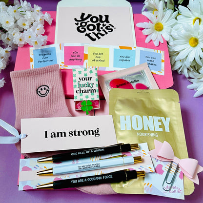 Encouragement Back To School Motivational Pink Gift Box Care Package for Her, Pens and Bookmarks, Bow Paperclip Bookmark, Bow Bookmark, Bow Book Mark, Paper Clip with Bow, Girl Stationery Box, LAPCOS sheet mask, spa self care gift box, Good Luck Gift