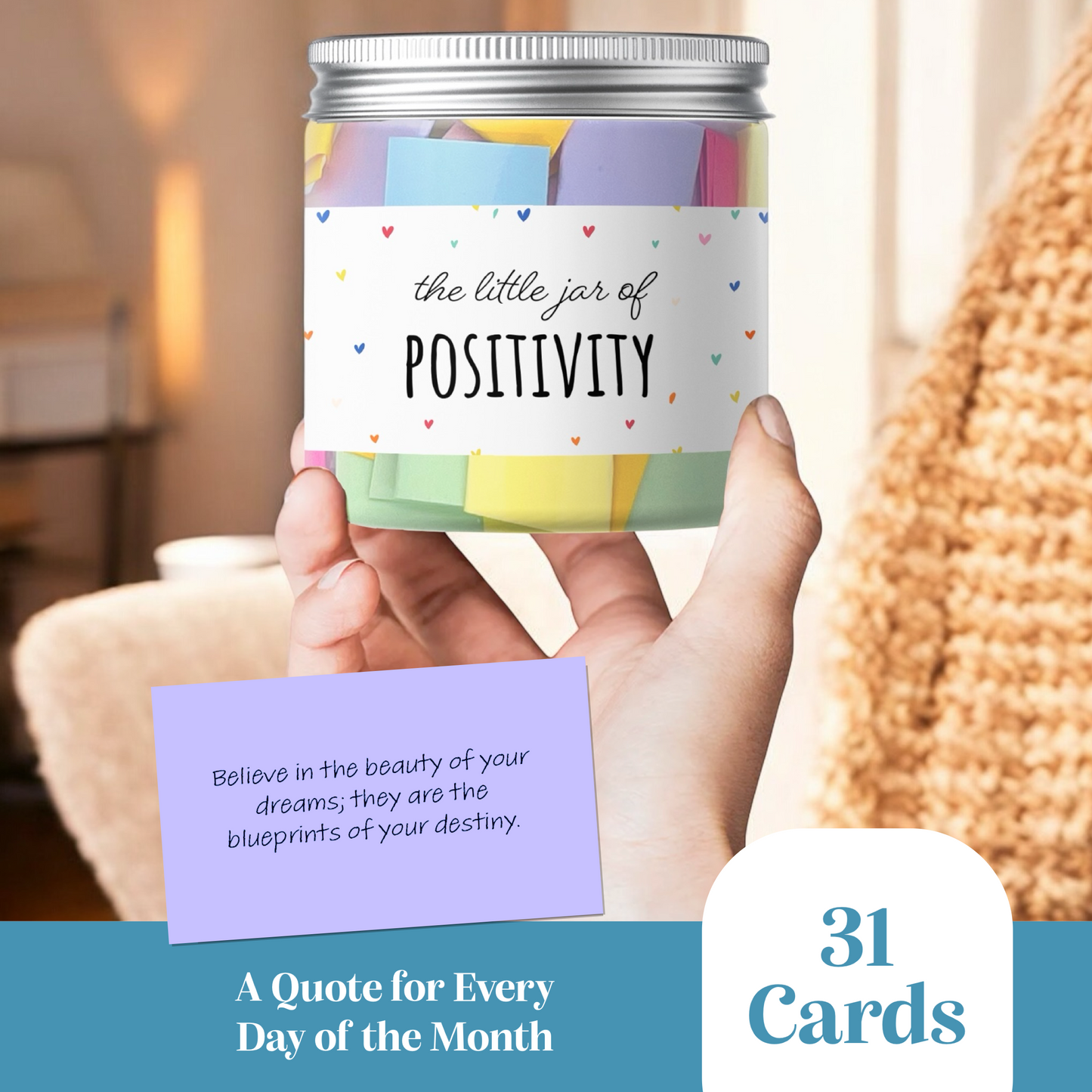 Positivity Message Jar Positive Thinking Quotations In a Jar. Inspirational, Motivational Quotes for every day of the Month. Success for Challenges and Goals. Unique Gift Box