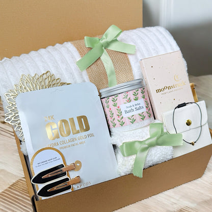 Cozy Hygge Pamper Gift Box with Blanket, Socks, Face Mask, Chocolate, (Sage Green accents)