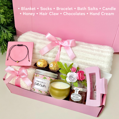 Ultimate Pink & Girly Spa Blanket Gift Box for Teens, College Girl Care Package, Gift for Mom