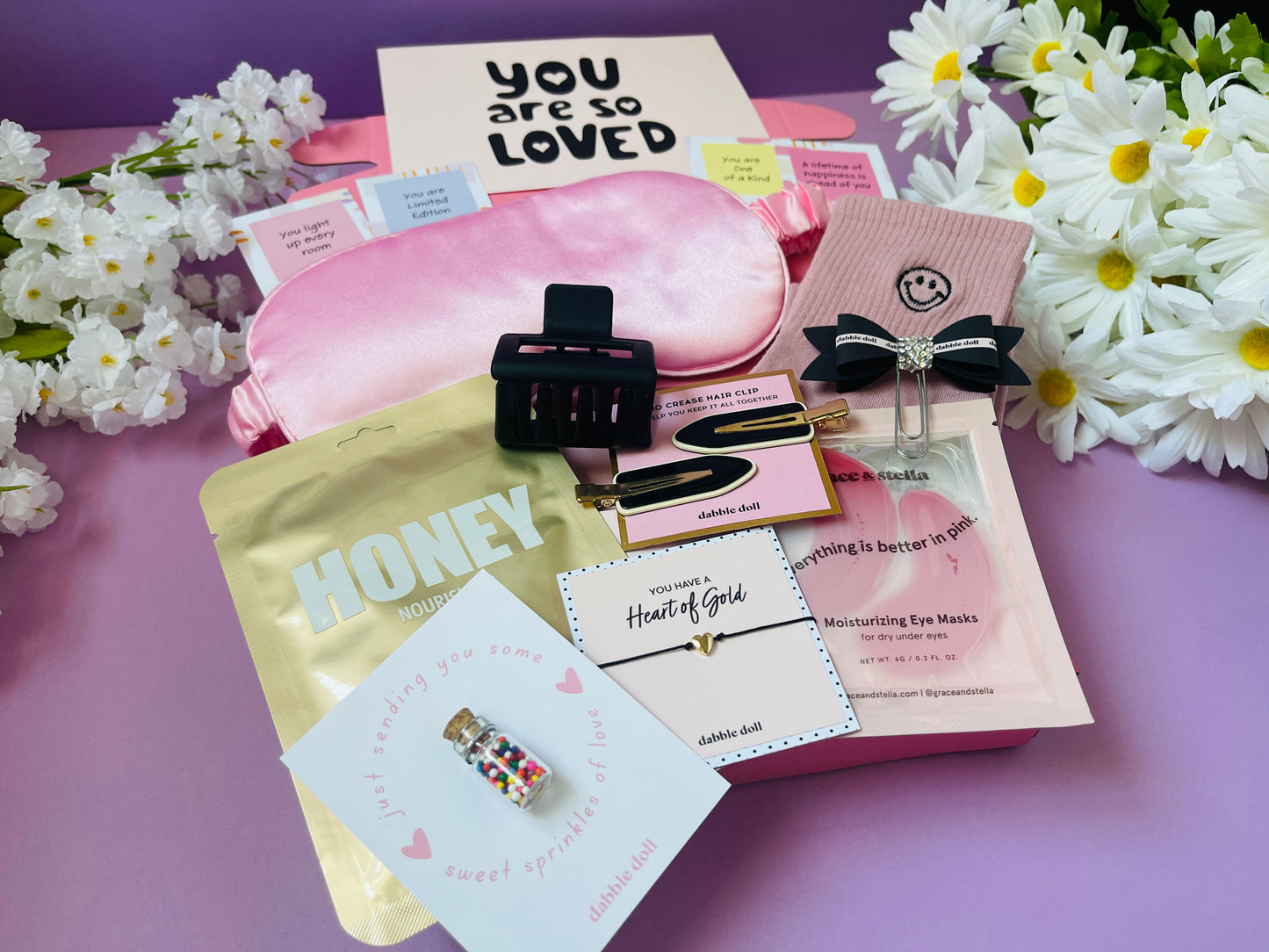 You Are So Loved pink gift box for her, self care gifts for her good luck gift for her encouragement grief gift, cute college girl dorm gift, motivational gifts for her, back to school gift, college student, pamper gift box