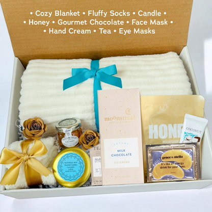 Blue Bliss Comfort Spa Pamper Gift Box with Blanket, Fluffy Socks, Face Masks