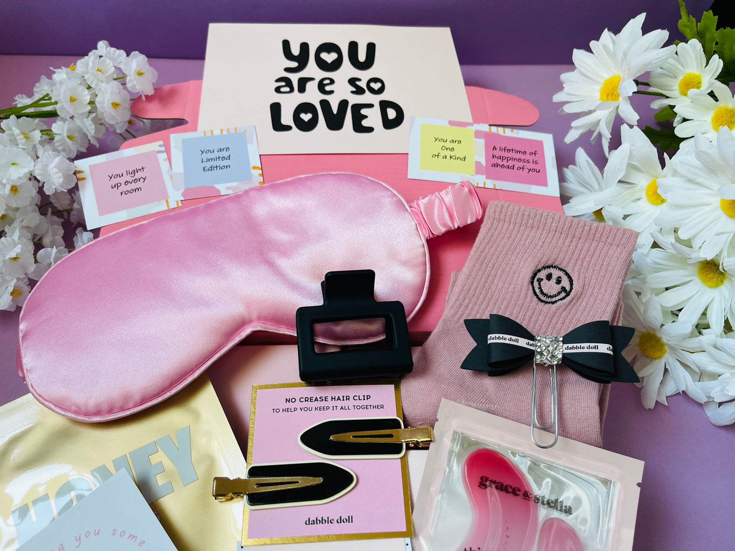 You Are So Loved pink gift box for her, self care gifts for her good luck gift for her encouragement grief gift, cute college girl dorm gift, motivational gifts for her, back to school gift, college student, pamper gift box