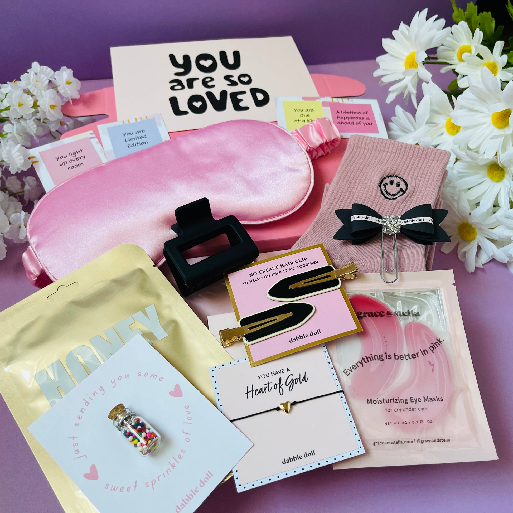 You Are So Loved pink gift box for her, self care gifts for her good luck gift for her encouragement grief gift, cute college girl dorm gift, motivational gifts for her, back to school gift, college student, pamper gift box