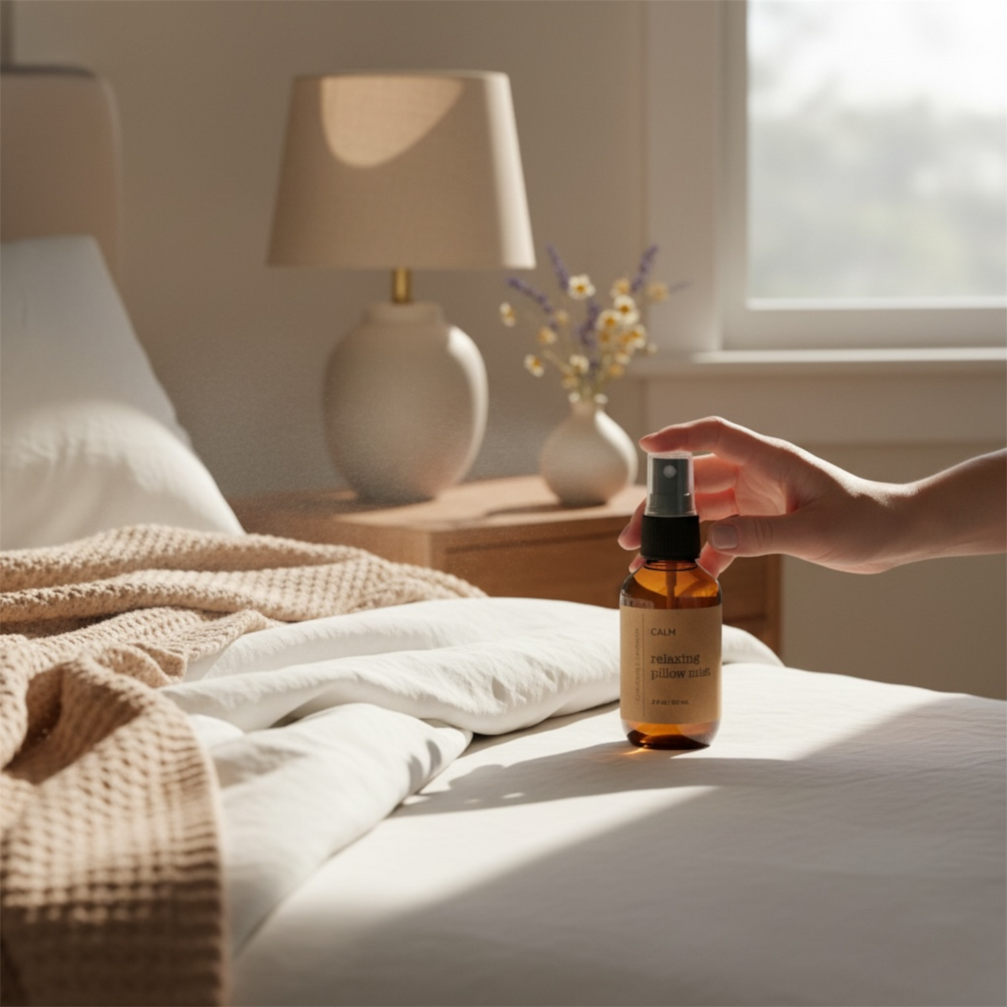 Hand holding a bottle of serum on a bed with a lamp and flowers in the background